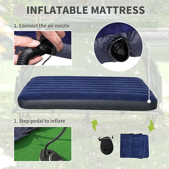 2 Person Camping Cot with Tent &amp Air Mattress 4-in-1 Portable Foldable Elevated Bed for Adults Outdoor Hiking Backpacking Includes Pump &amp Bedspread 76 x 57 Dark Green (76x57)