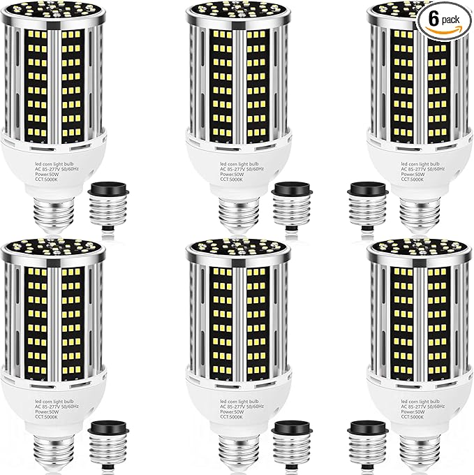 50W LED Corn Light Bulb(6 pack)5000K (500W Equivalent ) Commercial Grade Daylight E26/E39 6500LM Medium Mogul Base LED LampLarge Area Lights For Outdoor Indoor Garage Warehouse Factory Bay Light