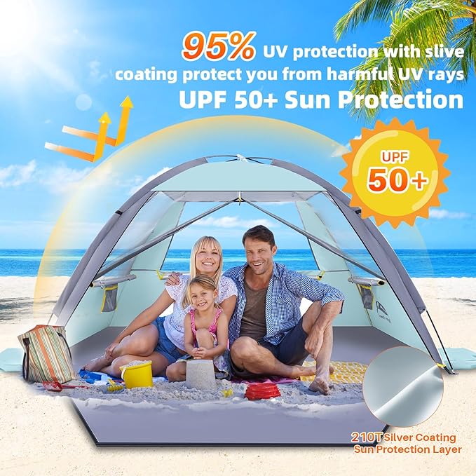 Happy Travel Beach Tent UPF 50+ UV Protection Sun Shade Shelter for 3/4/5/6/7/8 Person Portable Beach Canopy for Family &amp Baby Lightweight &amp Easy Setup Beach Cabana with 3 Ventilation Mesh
