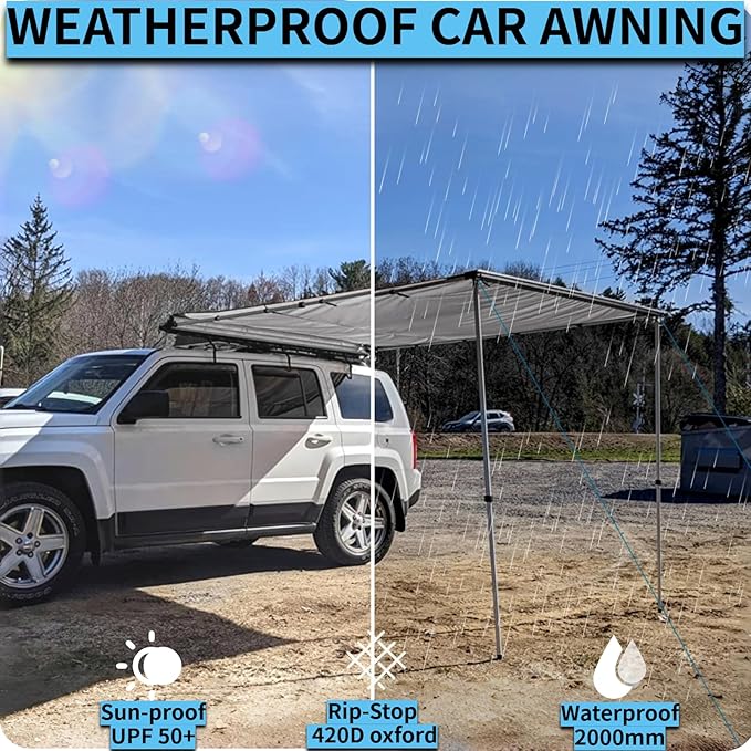 DANCHEL OUTDOOR Car Awning 6.5x6.5ft Roof Rack Pull-Out Sun Shelter Canopy Waterproof 4x4 Vehicle Side Overland Awning Camping Gray