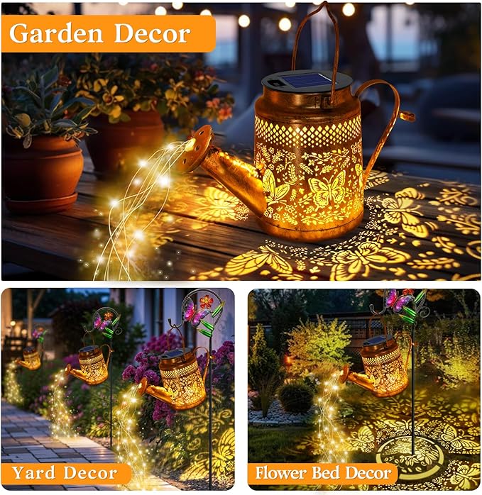 Solar Watering Can Lights Butterfly Hanging Lantern Solar Lights Outdoor Waterproof Garden Decor Outside Patio Yard Pathway Backyard Gardening Gifts for Mom Grandma Women Birthday Mother's Day