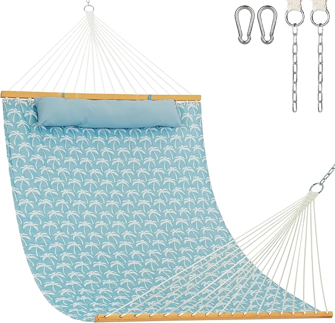 Lazy Daze Hammocks 12FT Quilted Fabric Hammock with Soft Pillow Double 2 Person Tree Hammock with Spreader Bar for Outside Patio Poolside Backyard Beach 450 lbs Capacity Coastal Floral