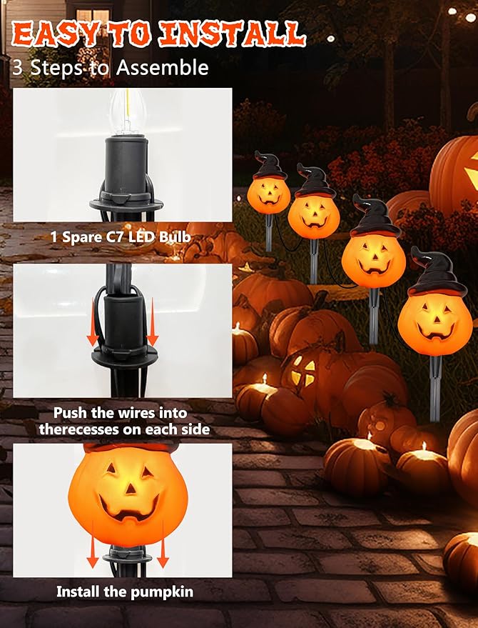 Halloween Pumpkin Pathway Lights Outdoor 4PCS Jack O Lantern Pumpkin Light with StakeOutdoor LED Walkway Lights Lights for Halloween Driveway Garden Yard Lawn Lights Decor