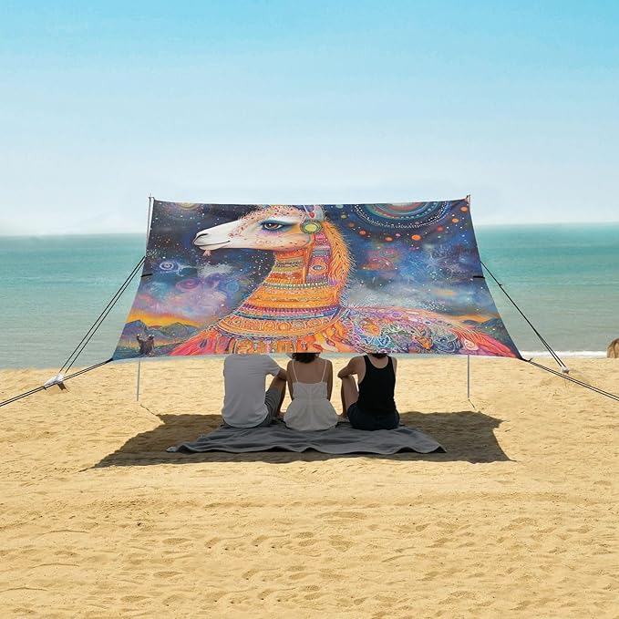 ALAZA Boho Llama Visionary Beach Tent Sun Shelter UPF50+ Protection Beach Shade Canopy w/ 4 Sandbags for Outdoor Camping Fishing Backyard Fun Picnic 10x9 ft
