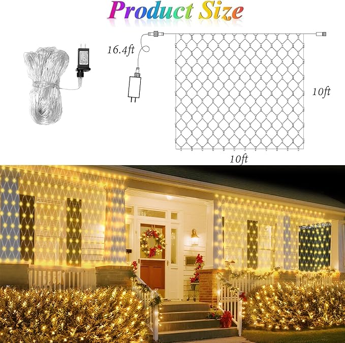 Lovelite 10ft x 10ft Net Lights 280LED Gazebo Lights Outdoor 8 Modes Timer Waterproof Connectable Christmas Light Clear Wire Large Size for Bushes Patio Pergolas Garden Holiday Party - Warm White