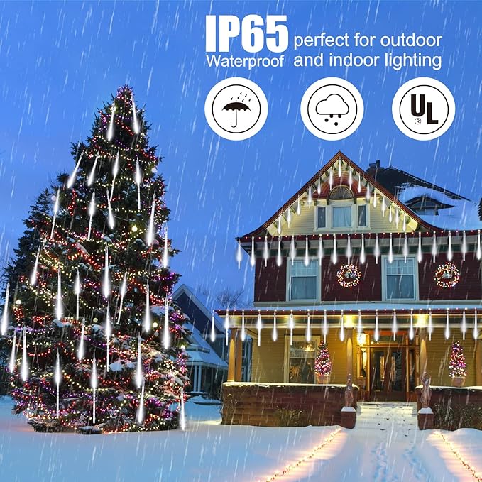 Brightown Meteor Shower Lights 20 Tubes 16 Inch 720 LED Solar Christmas Lights Outdoor Waterproof Snow Cascading String Lights for Outside Christmas Halloween House Tree Decoration Cool White