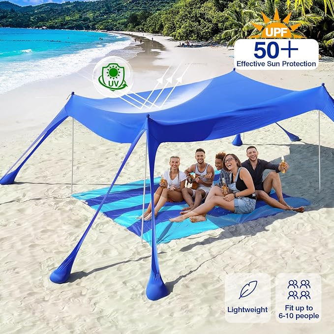 Rhino Valley Beach Tent Shade Canopy UPF50+ Protection 8 Sandbags 4 Stability Poles Outdoor Sun Shelter Umbrella for Sand Camping Fishing Essentials