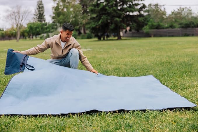 ONIVA Blanket Tote XL Outdoor Picnic Blanket 70x80 Foldable Beach Blanket with Fleece Top Water-Resistant Backing Strap &amp Pocket Portable Mat for 4-5 People by Picnic Time (Dusty Blue)