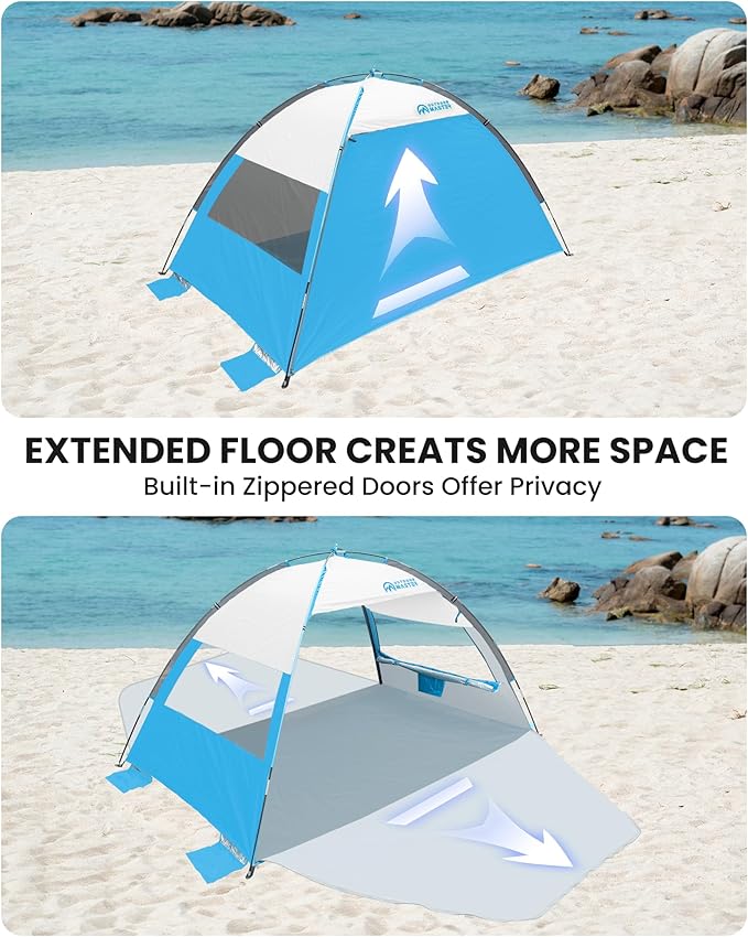 OutdoorMaster Beach Tent Sun Shelter with 2 Ventilated Doors UPF50+ Easy Setup Beach Tent Canopy for 3 Person Lightweight &amp Portable Family Beach Umbrellas for Sand with Carrying Bag -Ocracoke C