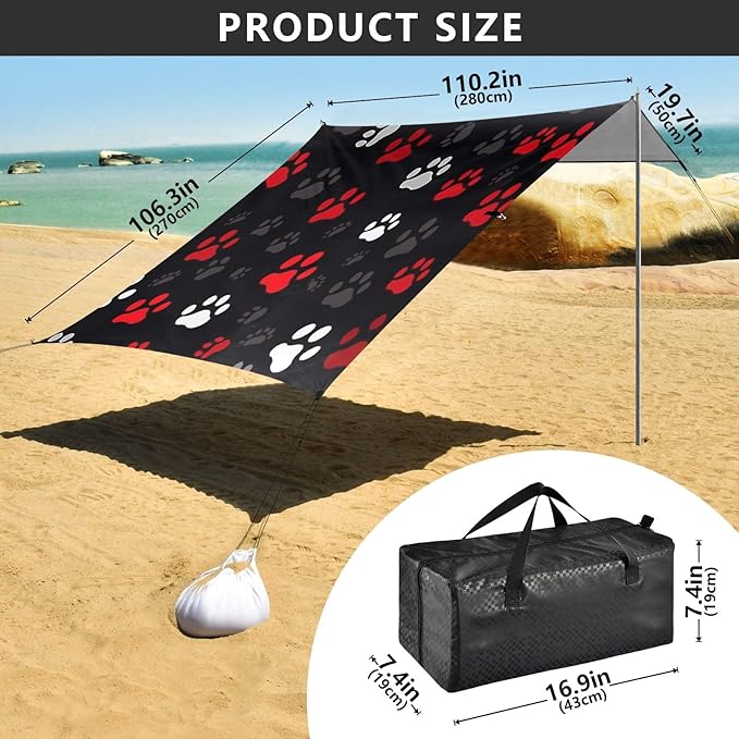 Camping Sun Shelters Red White Grey Dog Paw Prints Beach Canopy 126 * 110.2in