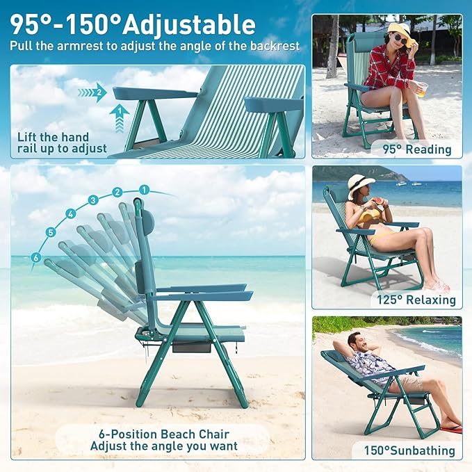 Suteck Backpack Beach Chairs for Adults 2 Pack 6-Position Folding Reclining Chair with Cooler Bag &amp Cup Holder Lightweight Portable Beach Chair for Camping Outdoor Sand Travel Use