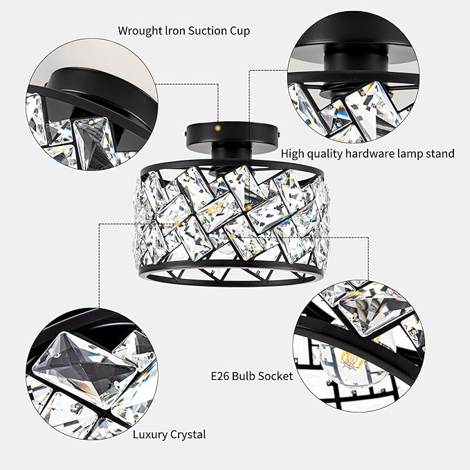 Crystal Ceiling Light Fixture Modern Semi Flush Mount Ceiling LightCrystal Chandelier for Kitchen Bedroom Bathroom Entryway Black Finish
