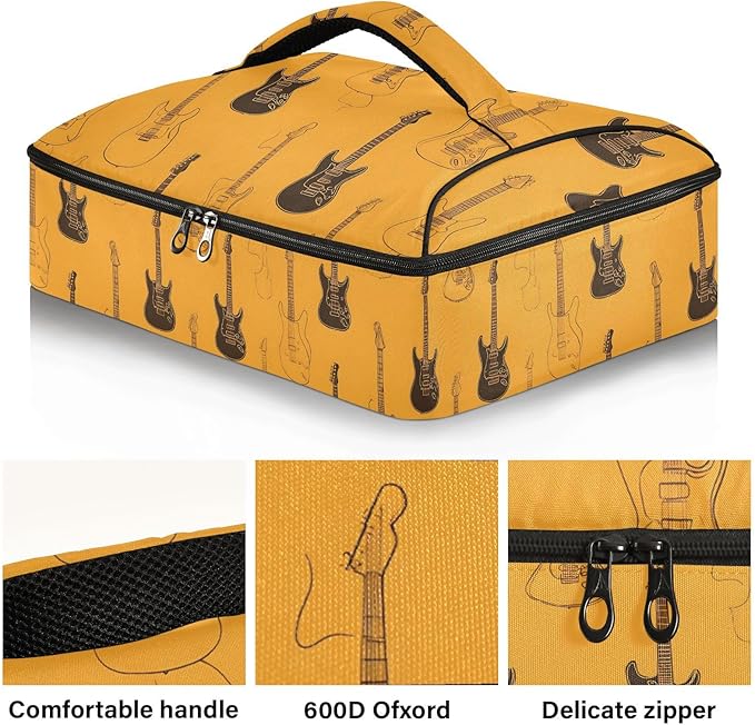 Casserole Carrier Pattern Black Electric GuitarInsulated Casserole Carrier for Hot or Cold Food Thermal Lunch Tote for Potluck Parties Picnic Beach Fits 9 x 13 Inches Baking Dish