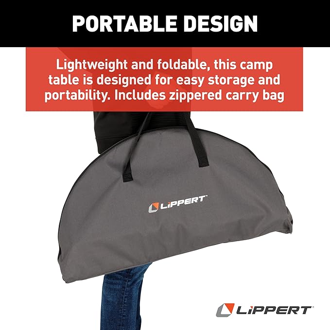 Lippert Dark Grey Two-Tier Folding Camping Table with Dual Cupholders 600D Polyester Fabric Powder-Coated Steel Frame Foldable Design Lightweight Construction Zippered Carry Bag - 2023053720