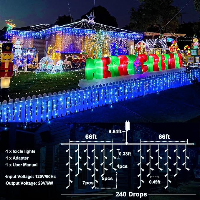 Icicle Christmas Lights Outdoor 132ft 1280 LED Icicle Lights for Outside Plug in Twinkle Lights Indoor with 8 Modes Timer Waterproof for House Holiday Decor Wedding Christmas Decorations Blue
