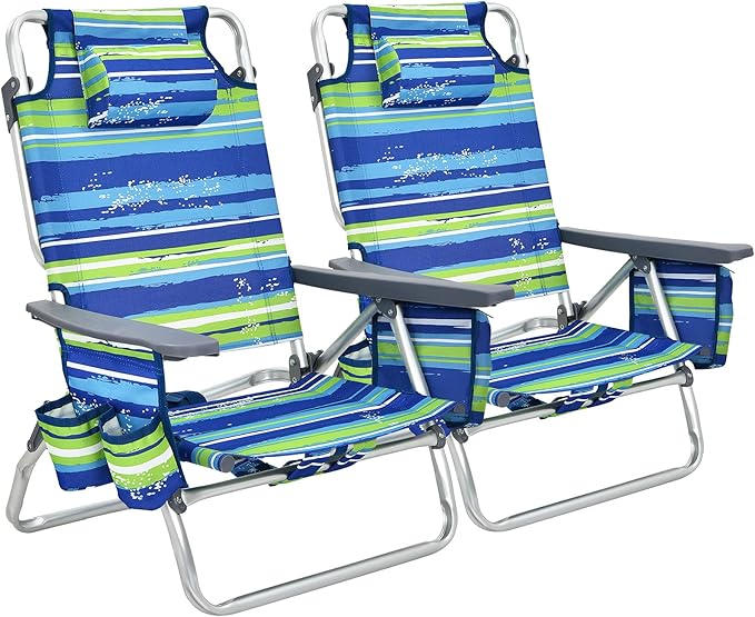 GYMAX Beach Chairs Backpack Camping Chair with Armrest Cooler Bag Cup Holder Towel Bar &amp Side Pockets Sunbath Sling Tanning Lounge Folding Layout Chair (Without Table Blue Stripe)