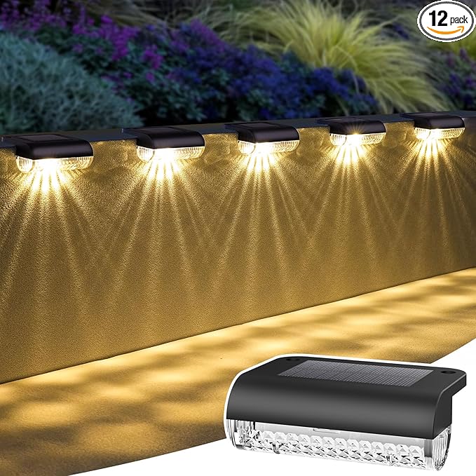 Solar Step Lights Outdoor 12-Pack Solar Deck Lights for Stairs Solar Fence Lights 3000K Warm White Auto Dusk-to-Dawn Weather Resistant Step Lights for Deck Railing Patio