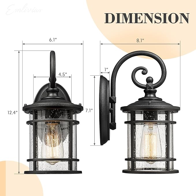 Emliviar Modern Porch Lights 2 Pack - Outdoor Wall Light Fixtures Wall Mount for Garage Black Finish with Seeded Glass Shade XE229B-S-2PK BK