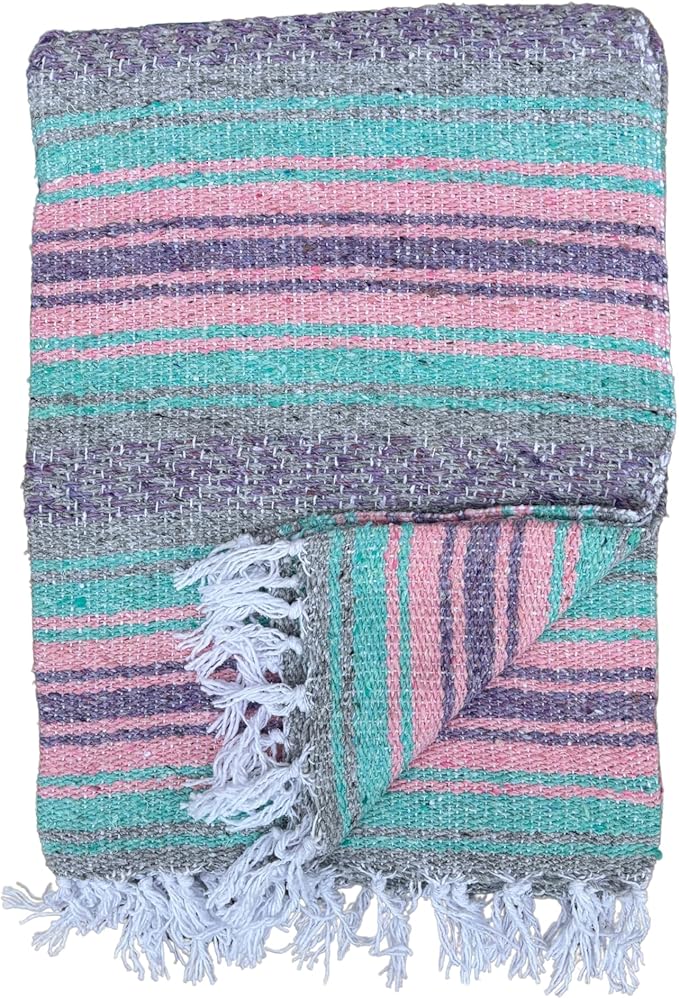 Del Mex Classic Mexican Blanket Large Authentic Woven Falsa Throw (70x50) Artisan Southwest Décor for Beach Yoga Outdoors (Mint/Pink/Gray)