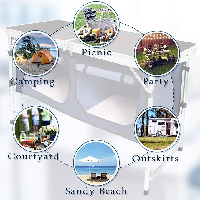 CampLand Outdoor Folding Table Aluminum Lightweight Height Adjustable with Storage Organizer for BBQ Party Camping
