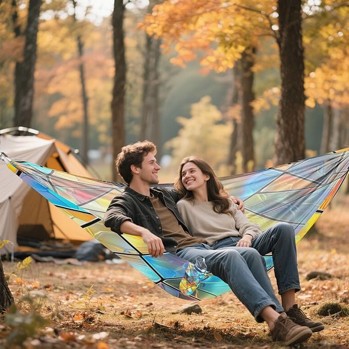 YETTASBIN Iridescent Triangles Camping Hammock - 330lbs Lightweight &amp Portable Single or Double Hammock with Tree Straps &amp Carry Bag for Indoor Outdoor Hiking Backpacking Travel Backyard Beach