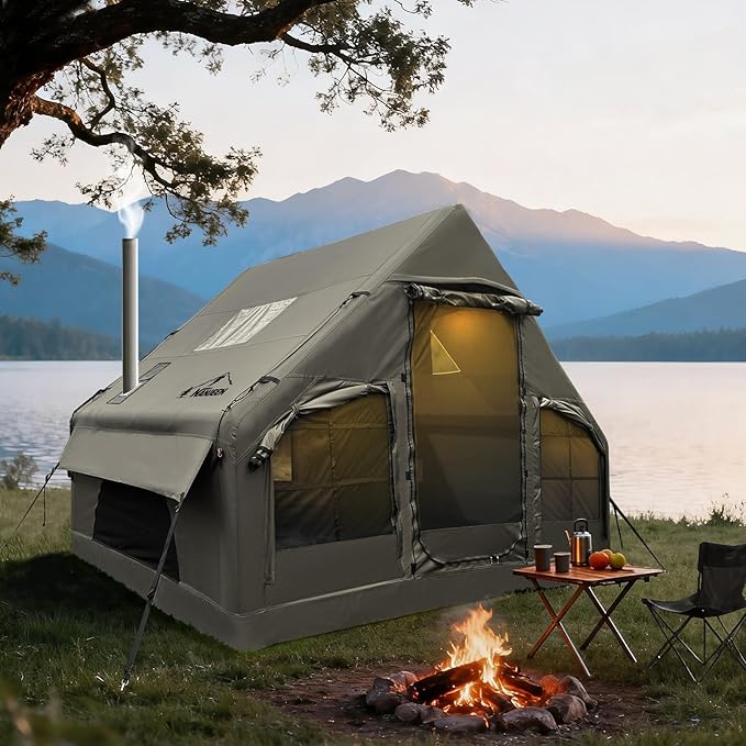 NANJEEN® | Large Luxury Inflatable Camping TentWind &amp Rain Resistant12㎡ Interior2-10 Person Shelter8 Minutes Fast Setup with Hand PumpAll-Season ReadyDual DoorsMosquito-Proof Mesh Windows