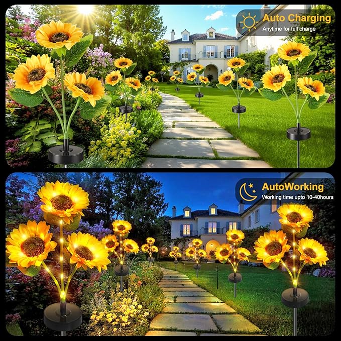 Upgraded Solar Sunflower Lights 4-Pack Solar Garden Lights with Bigger Round Panel 40-Hour Runtime for Indoor &amp Outdoor Decor Waterproof for Patio Yard Garden