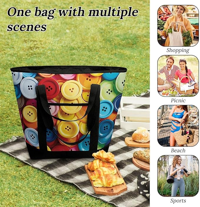 Insulated Shopping BagLarge Reusable Cooler Bags Colorful Buttons Printed Foldable Shopping BagTravel Waterproof Shoulder Bag