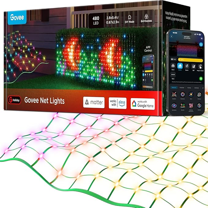 Govee Outdoor Net Lights 2.8*9.4ft with RGBIC and DIY Functions 480 LEDs Smart Net Lights with 64 Modes for Bush Patio Decor Compatible with Alexa &amp Google Assistant Outdoor Waterproof Green