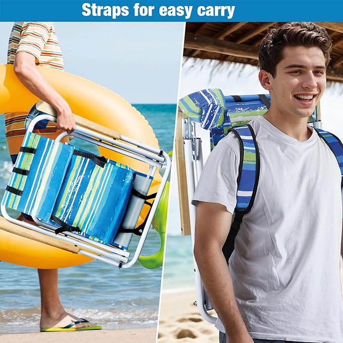 Folding Beach Chair Set of 2 for Adults 4 Position Portable Backpack Foldable Camping Chair with Headrest Cup Holder and Wooden Armrests Blue &amp Green Stripes