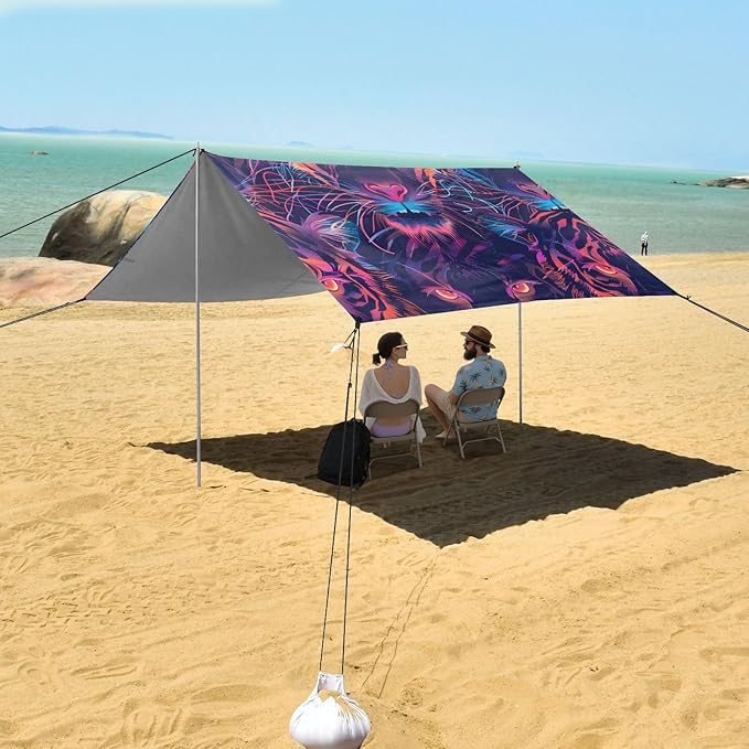 ALAZA Neno Tiger Face Beach Tent Sun Shelter UPF50+ Protection Beach Shade Canopy w/ 4 Sandbags for Outdoor Camping Fishing Backyard Fun Picnic 10x9 ft