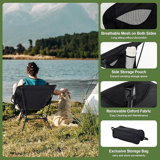 Camping Chair Portable Lightweight Camping Chairs for Adults Foldable 600D Oxford Ultralight Backpacking Chair with Breathable Mesh and Pocket for Outdoor Travel Hiking Black
