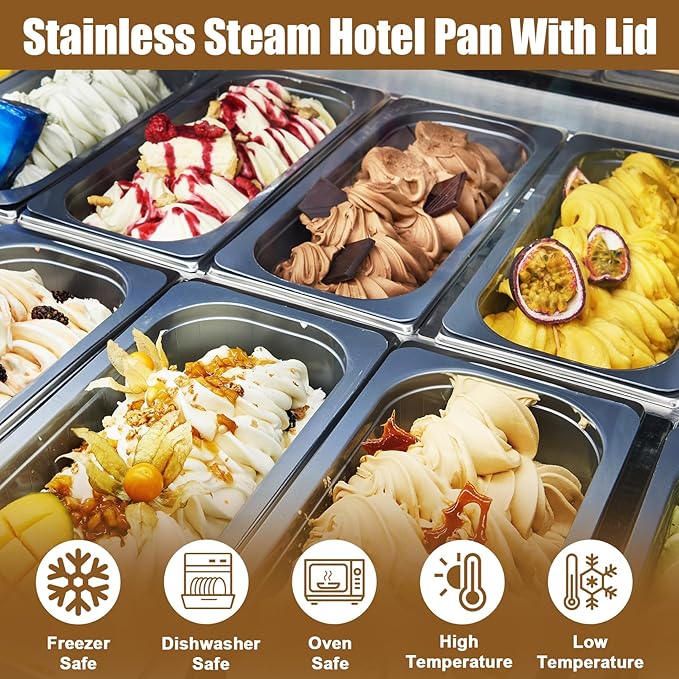 4 Pack Hotel Pans with lids 1/3 Size x 6 Inch Deep Steam Table Pan Reusable Anti Rust Catering Storage Food Pan Stainless Steel Steam Table Pans for Home Party Hotel Restaurant Buffet