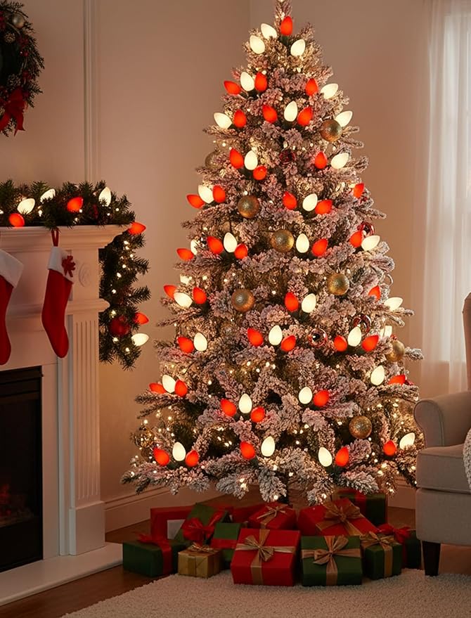 25FT Red and White LED Christmas LightsLED Christmas Lights with 26 C9 Red White Shatterproof Plastic BulbsConnectable Red White String Light for Tree Roofline Indoor Outdoor Decor