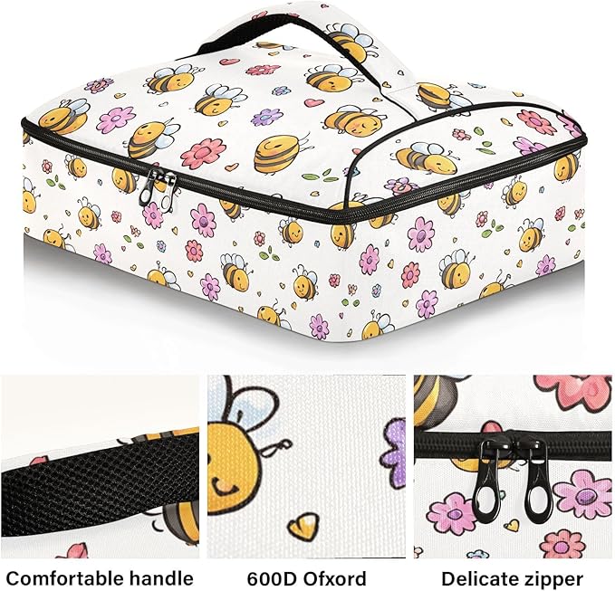 Casserole Carrier Cute Cartoon Pattern Bees FlowersInsulated Casserole Carrier for Hot or Cold Food Thermal Lunch Tote for Potluck Parties Picnic Beach Fits 9 x 13 Inches Baking Dish