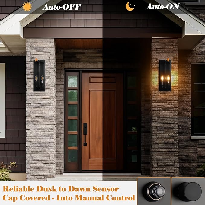 16” Dusk to Dawn Outdoor Lighting 2 Pack Black Modern Porch Outside Lights for House 2-Light Photocell Sensor Exterior Patio Coach Wall Lanterns Outside Garden Sconce Lamps Waterproof E12