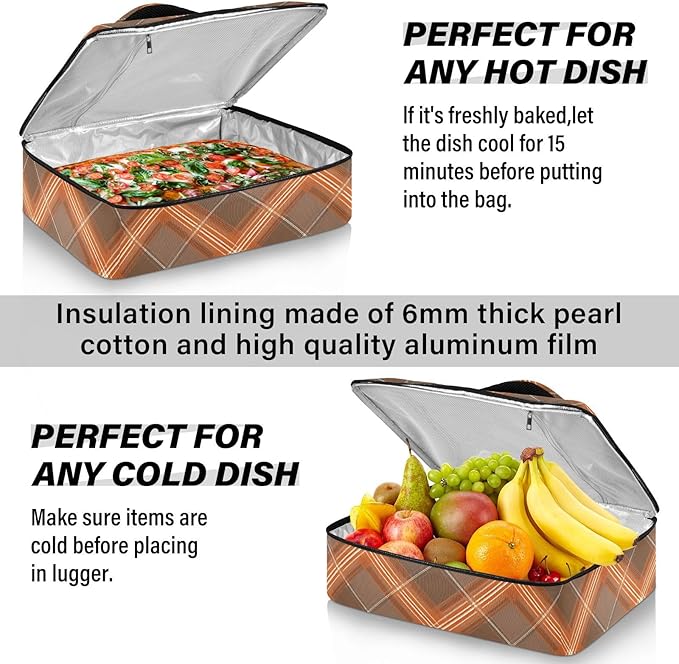 Casserole Carrier Brown Orange Tartan Insulated Casserole Carrier for Hot or Cold Food Thermal Lunch Tote for Parties Picnic Travel Carry Bag