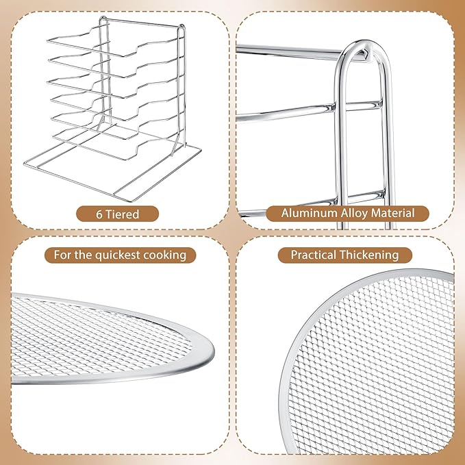 Zhehao Pizza Rack 6 Tiered Stand 13.4'' H x 12'' L x 12'' W and 6 Pcs 12'' Pans with Holes Aluminum Baking Set for Easy Storage and Baking Multiple Pizzas