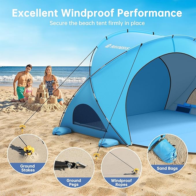Beach Tent Sun Shelter Sun Shelter for 1-4 Person Beach Shade Tent Beaches Shade with 2 Zippered Doors Portable Tents for Camping Fishing Blue