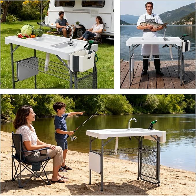 Folding Fish Cleaning Table Portable Camping Sink with Faucet Drainage Hose Portable Camping Sink Station with Drain Hose Trash Can Foldable Outdoor Sink for Camping Fishing BBQ