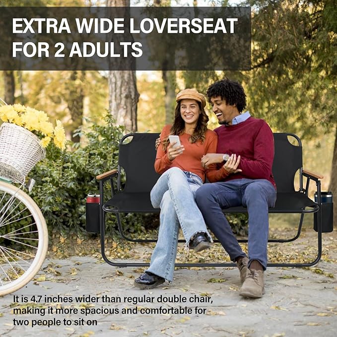 ptlsy 2 Person Camping Chair Oversized Loveseat Camping Chair with Seat Cushion Double Camping Chairs for Adults Heavy Duty Camping Couch Black Outdoor Folding Chair Portable Patio Lawn Chair