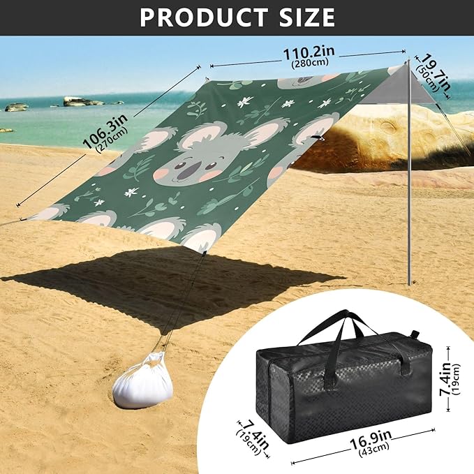 Cartoon Koala Face Camping Sun Shelter Beach Tent Portable Beach Sun Shade Outdoor Canopy for Camping Trips Fishing Picnic