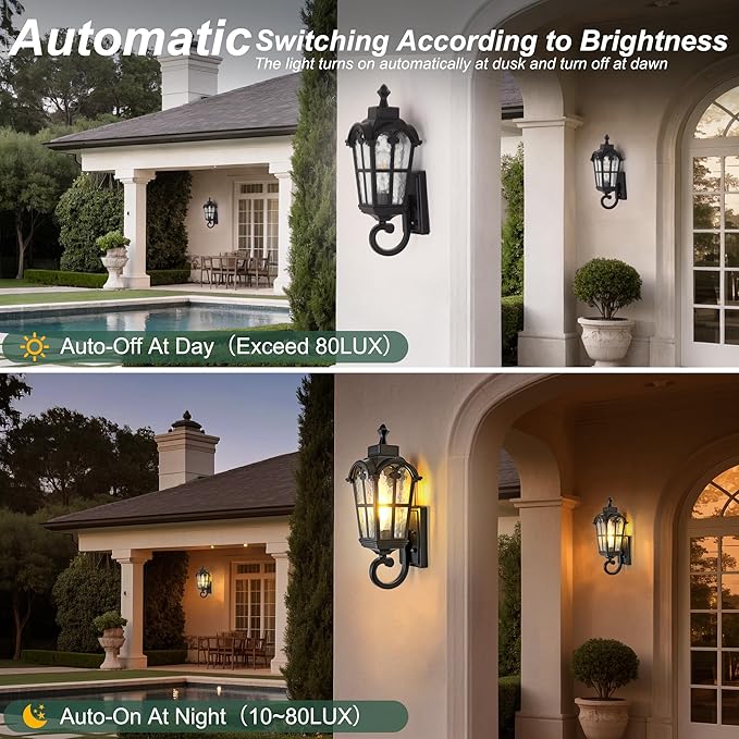 Dawn to Dusk Sensor Outdoor Wall Light Fixtures Waterproof Porch Lights Anti-Rust Matte Black Sconce Lights Outdoor Wall Lantern for Patio Front Door Garage House