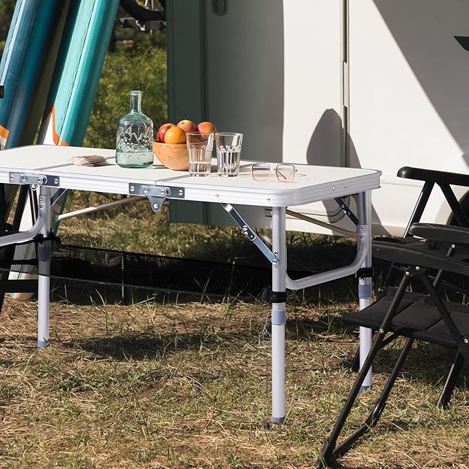 VINGLI Small Folding Table Portable 3FT Aluminum Foldable Camping Table for Picnic Card Table with 3 Adjustable Height &amp Carry Handle for Outdoor Indoor Hiking Camp BBQ Beach-White