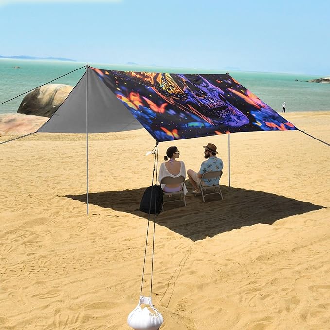 ALAZA Skull Betterflies Beach Tent Sun Shelter UPF50+ Protection Beach Shade Canopy w/ 4 Sandbags for Outdoor Camping Fishing Backyard Fun Picnic 10x9 ft