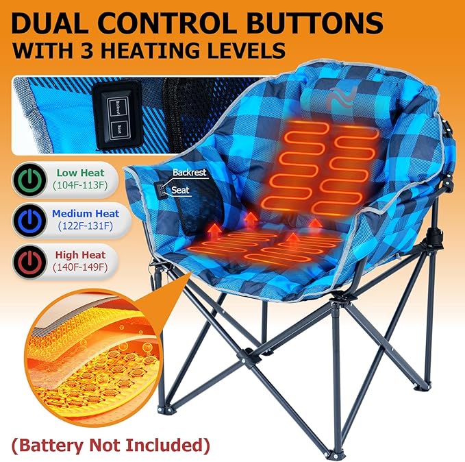 LILYPELLE Oversized Heated Camping Chair Patio Lounge Chairs with 3 Heat Levels Portable Folding Heated Chair Round Moon Saucer Folding Lawn Chair Outdoor Chair for Camping Lounge Patio