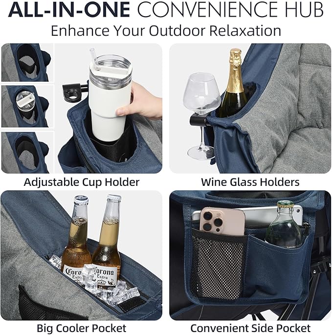 Oversized Camping Chairs for Adults - Heavy Duty Padded Outdoor Folding Lawn XL Camp Chair with Cup Holder Cooler Pockets for Sports Beach Fishing Garden Portable Supports 500lbs Blue/Grey