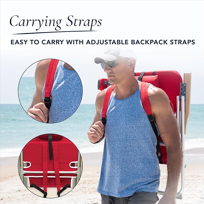 CARIBBEAN JOE Folding Beach Chair 4 Position Portable Backpack Foldable Camping Chair with Headrest Cup Holder and Wooden Armrests