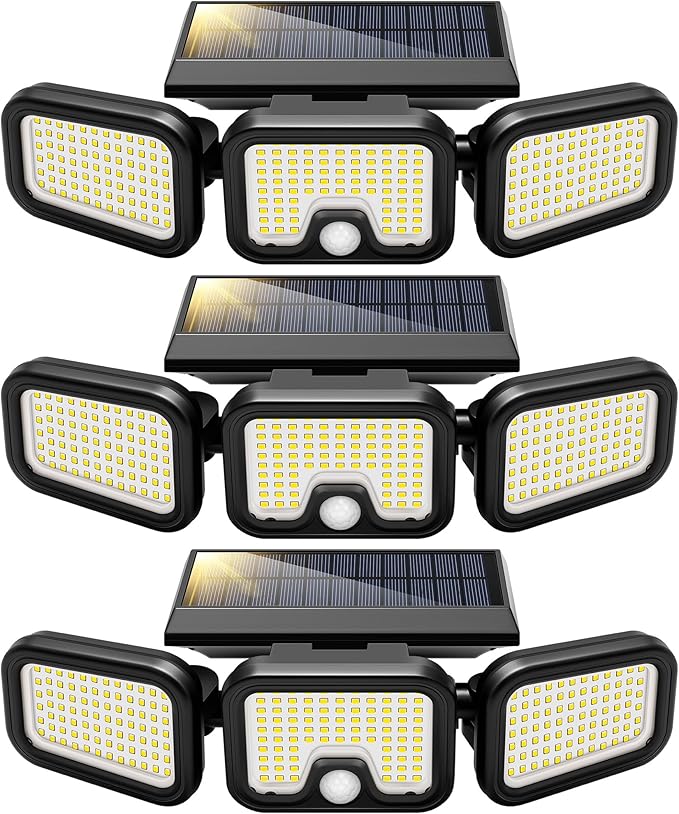 VIVOHOME Solar Flood Lights Outdoor 256 LED 2500LM Motion Sensor Lights 3 Adjustable Heads Security Lights IP65 Waterproof 270° Wide Lighting Angle Solar Powered Lights for Porch Yard 3 Pack
