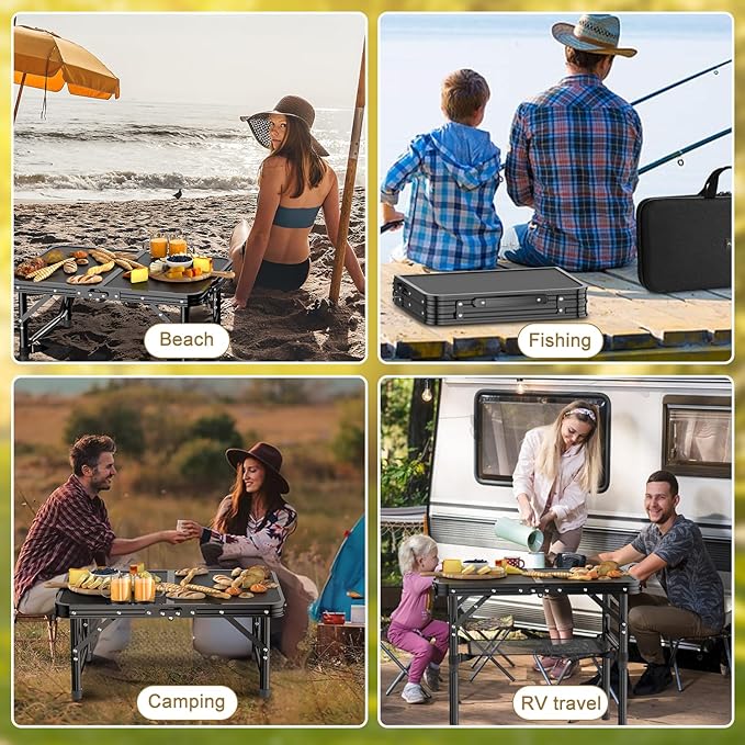 Folding Camping Table 2 FT Folding Portable Camping Table Outdoor&ampIndoor Picnic Table with 3 Adjustable Height Max 27.1Lightweight Aluminum Camping Tables Car Camping Essentials-Pure Black